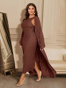 Solid Color Plus Ribbed Knit Two-Piece Set, Autumn And Winter Long Sleeved Cardigan Jacket And Sleeveless Sexy Dress, Women's Plus Size Clothing - màu nâu - Xem 2