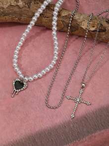 3 件装复古哥特式波西米亚风优雅多层人造珍珠心形堆叠和圆珠项链套装，奢华镶钻时尚女士首饰套装 - 銀色 - 查看 4