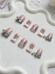 Y2K 手工鸭嘴指甲贴，10 件套 - 白色、裸色、银色，带法式贴片、3D 水滴、3D 蕾丝、星星和。适合女性和女孩、聚会和日常佩戴。包括指甲工具。指甲配件颜色随机按在指甲上 - 粉色 - 查看 3