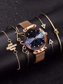 5pcs/Set Teenagers Highly Attractive Digital Scale Dial PU Leather Band Quartz Watch + Love Bracelet, Suitable For Birthday, Halloween, Christmas Gifts - Black - View 1