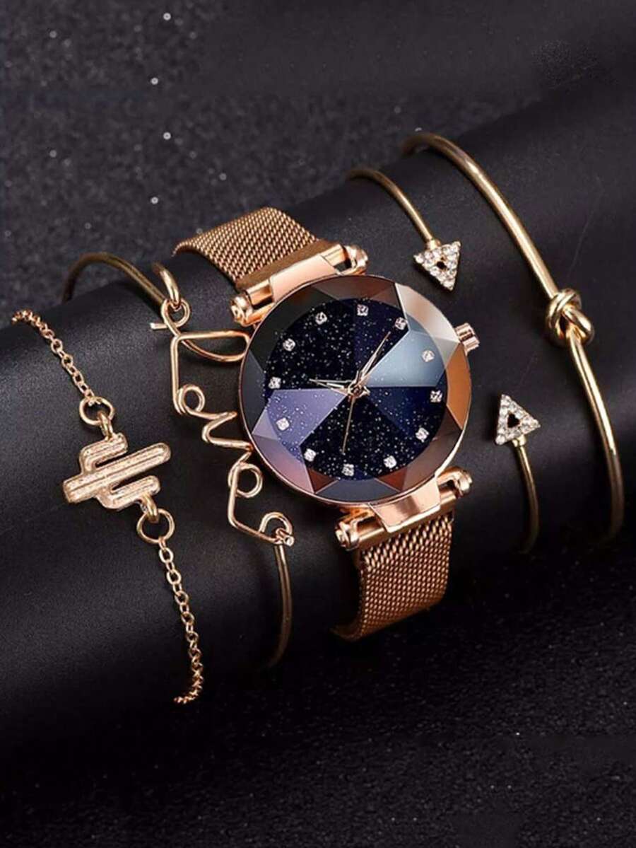 5pcs/Set Teenagers Highly Attractive Digital Scale Dial PU Leather Band Quartz Watch + Love Bracelet, Suitable For Birthday, Halloween, Christmas Gifts - Black - View 1