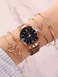 5pcs/Set Teenagers Highly Attractive Digital Scale Dial PU Leather Band Quartz Watch + Love Bracelet, Suitable For Birthday, Halloween, Christmas Gifts - Black - View 4