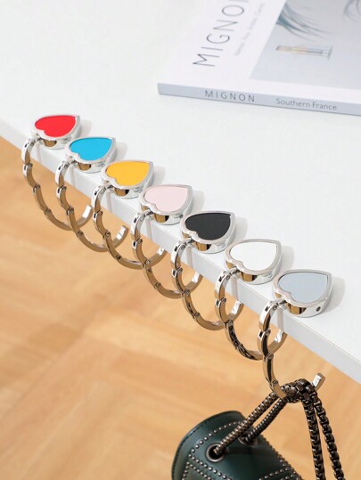 1pc Solid Color Heart Shaped Foldable Metal Hook - Portable Handbag Holder Stand For Table, Desk, Compact Bag And Keychain Accessories