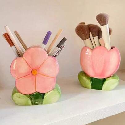 1pc Floral Pattern Makeup Brush Holder, Office Pen Cup, Bedroom Decor Desktop Organizer, Halloween & Christmas Gift Home Bathroom Decor Fall Decor Makeup Organizer Back To School