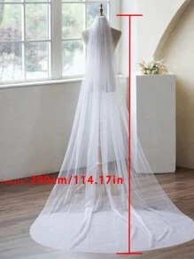 新娘单层长款落地头纱290cm左右 白色简约素纱 婚礼殿堂款 带纹理金属发梳 - 白色 - 查看 7