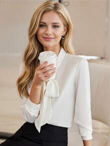 蝴蝶结设计长袖衬衫女士，独特职业衬衫上衣 2025 年春秋新品