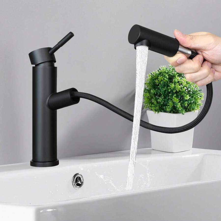 ZMH Rubinetto per lavabo da bagno - Miscelatore spazzolato a scomparsa con doccia estraibile Rubinetto per lavabo Rubinetto per acqua fredda Bagno Giardino Cucina Rubinetto per bagno