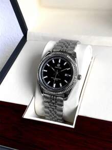 Pablo Raez 1 pieza Reloj vintage de hombre de negocios, accesorio clásico popular de verano, nueva marca de lujo AAA de acero inoxidable con pulsera de cadena, resistente al agua 50M, calendario simple, esfera negra con índices luminosos, punteros y escala, reloj de cuarzo de estilo casual y elegante para uso diario, regalo ideal para padre, amigos hombres, decoración de fiestas, graduación y bodas