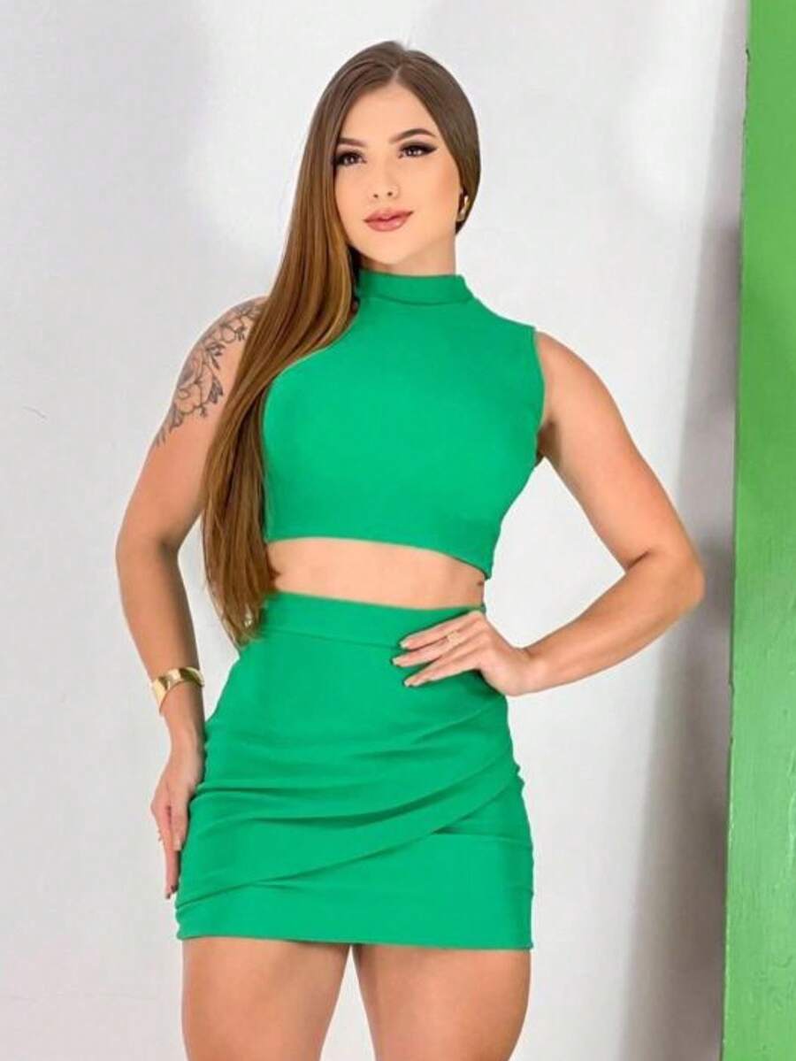 Women's Mesh Riding Skirt And Crop Top Set - 綠色 - 查看 1