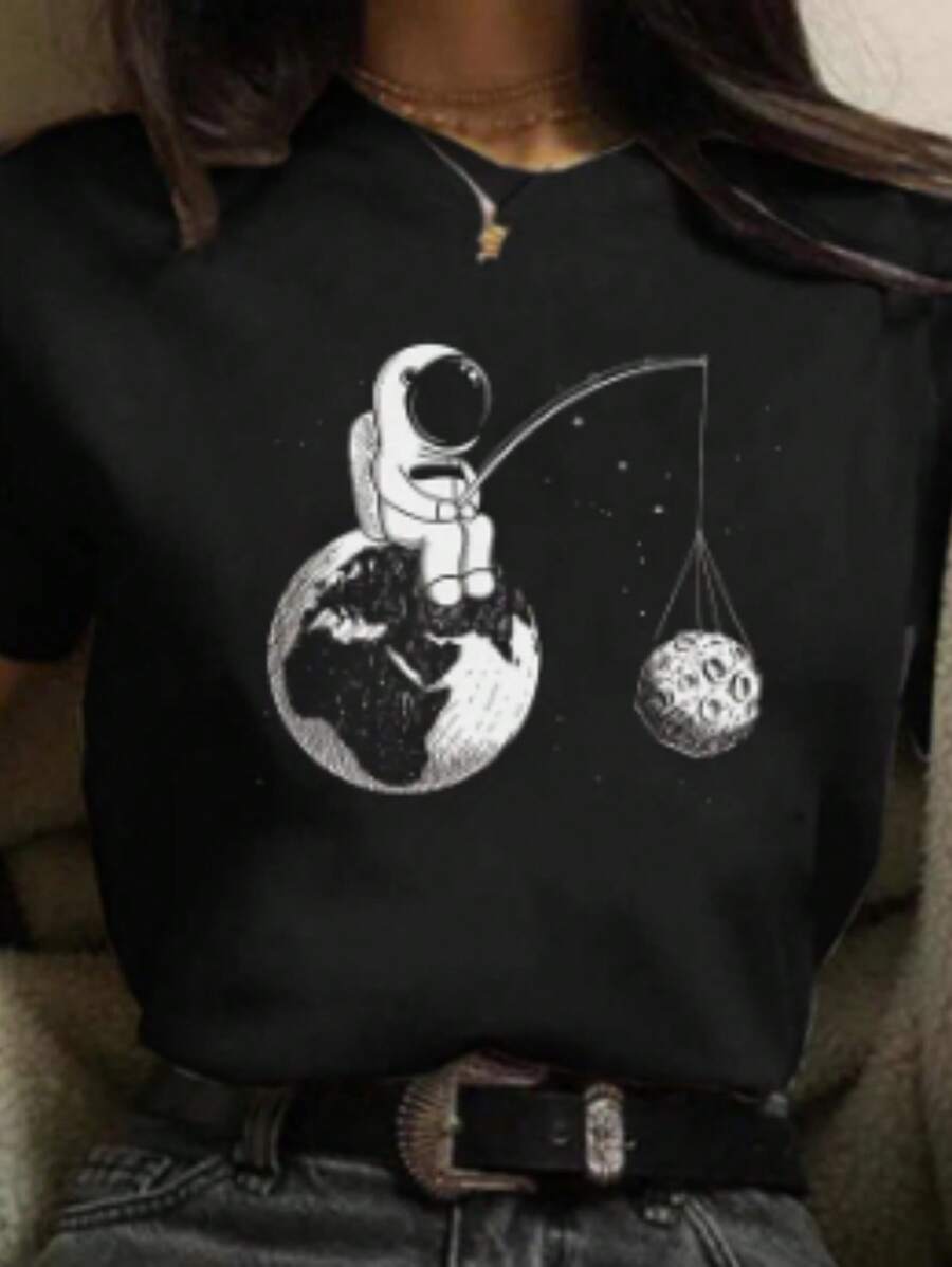 Street Wear Astronaut Fishing T-Shirt Unisex 100% Cotton New Release. - màu đen - Xem 1