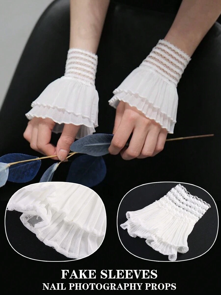 一对白色网状指甲装饰用于摄影和美甲展示假袖优雅薄纱袖口透明网状摄影工具欧根纱荷叶袖用于美甲摄影 - 彩色 - 查看 1