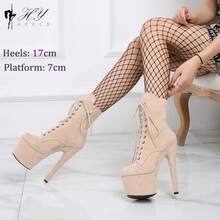 Sexy Faux Suede17CM Ultra High Heels Stripper Platform Short Boots Women Fetish Shoes Pole Dance 7 Inch Gothic Strappy Shoes - 黑絲絨17cm - 查看 4