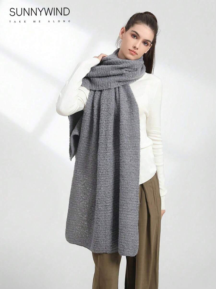 1 件女士纯色柔软针织围巾，适合秋冬季保暖和日常搭配 - 灰色 - 查看 1