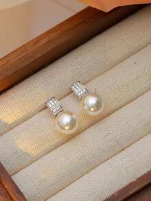 1 对 S925 纯银几何锆石珍珠耳钉，适合女士，简约日常珠宝设计，礼物 - 幾何 - 查看 2