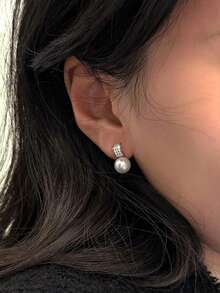 1 对 S925 纯银几何锆石珍珠耳钉，适合女士，简约日常珠宝设计，礼物 - 幾何 - 查看 6