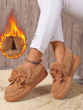 Vinter Ny stil Rosett Plysch varma skor Superlätt Platta Tjockare Grunda snöstövlar (kör halv storlek större)