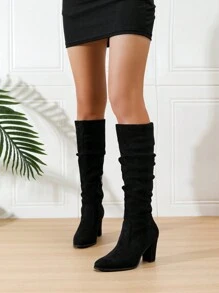 Autumn/Winter High Chunky Heel Square Toe Fashion Spring Outing Wedding Sexy Versatile Suede Over-The-Knee Boots, Black (Wide Calf) (Shoes Run Slightly Large, Those With Narrow Feet Are Advised To Order 0.5 Size Smaller Or Check Foot Length And Width Parameters Before Purchasing)