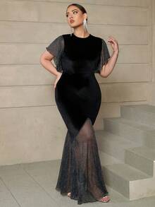 ADYCE Plus Size Women's Mesh Contrast Ruffle Sleeve Party Dress, Formal Gown For Ball, Evening Events - Black - View 3