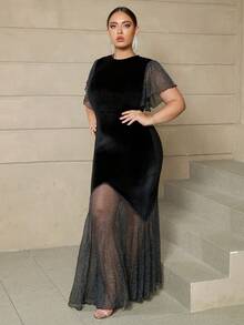 ADYCE Plus Size Women's Mesh Contrast Ruffle Sleeve Party Dress, Formal Gown For Ball, Evening Events - Black - View 5