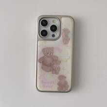 Apple Ins South Korea Style Bow & Bear Design Phone Case Compatible With Iphone 16 Pro, 15 Pro Max, 14, 13 Series, Electroplated Cartoon Cute Case Cover For Lady