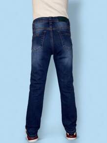 CHUEKITOS. Pantalón de mezclilla para niño en corte Slim, con ajustador en la cintura, bordado interior, tela suave - Azul lavado oscuro - Ver 2