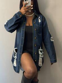 New Style Hot Selling European And American Fashion Washed And Frayed Women's Denim Jacket - Rửa tối - Xem 1