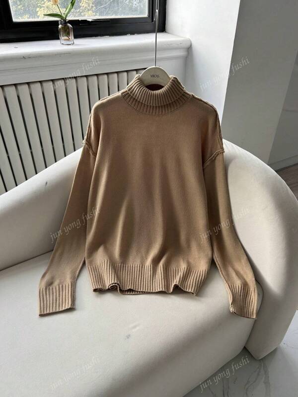 Colorblock High Neck Oversized Thick Knit Sweater For Women, Casual European And American Style