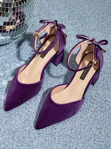 2025秋冬新款女士尖头绒面革镂空蝴蝶结高跟鞋，粗跟百搭日常通勤办公鞋，时尚优雅镂空鞋，大码，优雅，女士高跟鞋，优雅