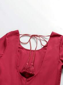 2pcs Women Arabic Middle East Style Robe With Shawl Collar, Floral Embroidered & Metallic Printing Detail - Burgundy - View 5