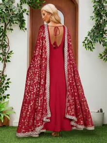 2pcs Women Arabic Middle East Style Robe With Shawl Collar, Floral Embroidered & Metallic Printing Detail - Burgundy - View 2