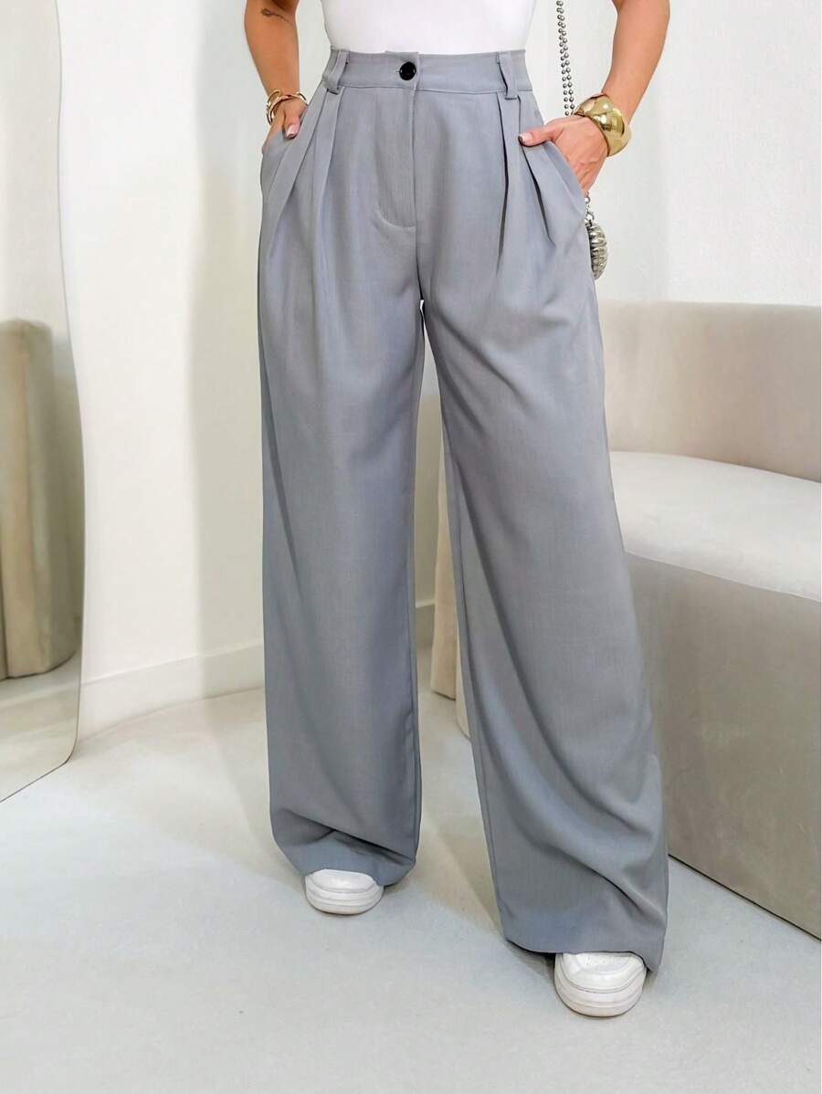 Louis Marrant Women's Wide Leg Pants With One Button, Open Zipper And Side Pockets - Light Grey - View 1