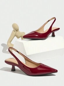 女士纯色尖头后系带猫跟高跟鞋，简约舒适的套穿式低跟鞋，优雅性感，适合派对、婚礼、圣诞节、秋冬季节，酒红色连衣裙高跟鞋，猫跟鞋 - 酒紅色 - 查看 5