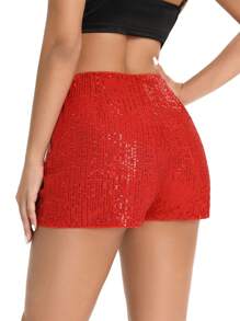 High Waisted Sequin Shorts For Women Elastic Straight Leg Sparkly Glitter Party Shorts - Red - View 6