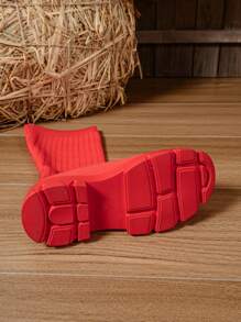 女士时尚厚底中筒靴，黑色编织透气休闲高帮弹力靴，修身时尚百搭，春秋英伦风 - 紅色 - 查看 7