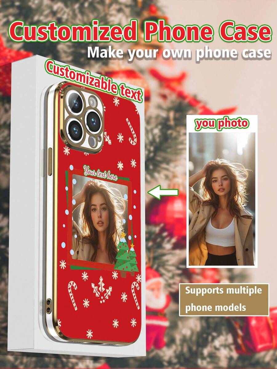 1pc 6D Electroplated White TPU Customizable Text & Photo, Christmas Style Pattern Shockproof Phone Case Compatible With Iphone//Redmi/OPPO/POCO Phones Red ,Cherished Little Joy - Black - View 1