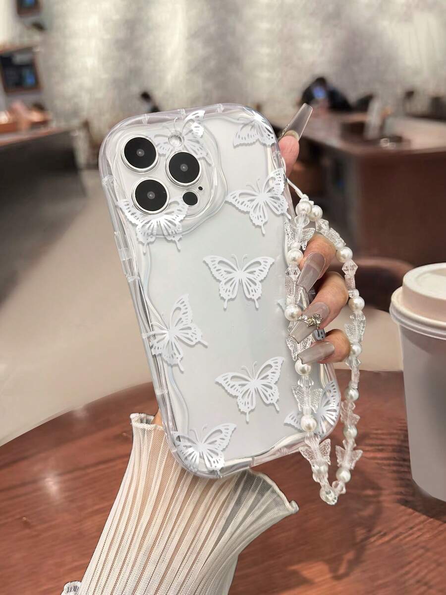 Ốp lưng điện thoại chống sốc họa tiết bướm viền gợn sóng màu kem được sơn UV có dây đeo dạng vòng tay bằng hạt thủ công, tương thích với iPhone XR/7/8, iPhone 16/16Pro/16Plus/16ProMax/15ProMax, iPhone 13/14, iPhone 11, Galaxy S24/S24+/S24 Ultra, Galaxy S22, Galaxy A13 4G/A52/A52s 5G, Galaxy A23, Galaxy A35, Galaxy A25, Galaxy A73, Redmi Note 11/11 Lite - Nhiều màu - Xem 1