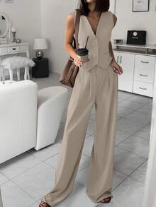 欧美商务职业无袖纽扣背心和西装裤优雅装 - 米色 - 查看 6