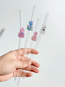 1 件装卡通猫形可重复使用玻璃吸管，透明冰沙波巴茶果汁牛奶鸡尾酒冷饮吸管，适合派对使用，弯头设计 - 貓咪玻璃吸管 - 查看 6