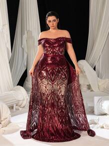 Faeriesty Plus Đầm dạ hội trang trọng hở vai, viền đuôi cá, đính sequin, dành cho khách dự tiệc cưới, tốt nghiệp, tiệc tối - Màu Đỏ Sâu - Xem 7