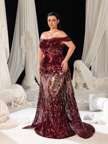 Faeriesty Plus Đầm dạ hội trang trọng hở vai, viền đuôi cá, đính sequin, dành cho khách dự tiệc cưới, tốt nghiệp, tiệc tối - Màu Đỏ Sâu - Xem 6