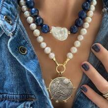 manbara 朋克大块珠宝时尚淡水仿珍珠吊坠天然宝石青金石色调石英女士新月优雅女士颈链颈链项链珠宝 - 琉璃項鍊 - 查看 3