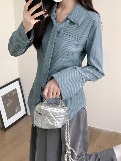 レディース 無地 前ボタン 長袖シャツ リボン付き カジュアル スプリング