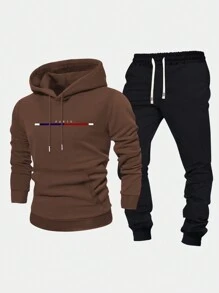 Men's Thin Hoodie And Sweatpants Set, Regular Fit, Personalized Printed Pattern, Fashion Casual Outfit With Pockets And Drawstring Waist, Suitable For Husband Or Boyfriend Gift, Street, Commute, Outdoor Use - Coffee Brown - View 1
