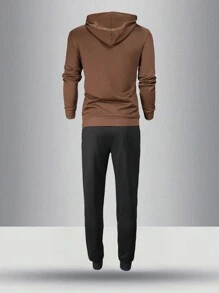 Men's Thin Hoodie And Sweatpants Set, Regular Fit, Personalized Printed Pattern, Fashion Casual Outfit With Pockets And Drawstring Waist, Suitable For Husband Or Boyfriend Gift, Street, Commute, Outdoor Use - Coffee Brown - View 2