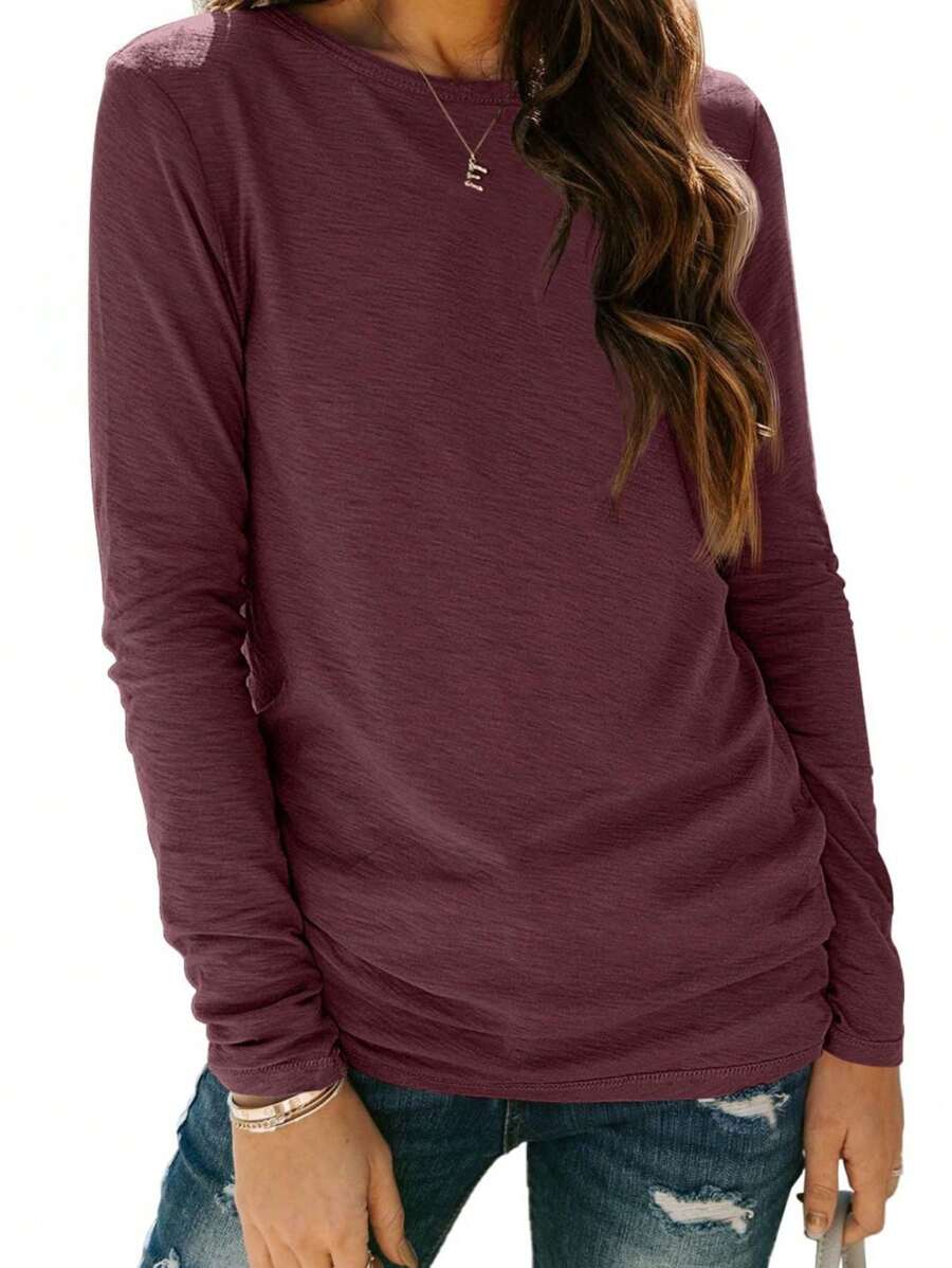 Huskary Women Long Sleeve Shirts Tops Fall Tunic Causal Fashion Round Neck Basic Tee - Burgundy - View 1