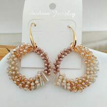 全新手工编织人造水晶圆形吊坠耳环，配不对称串珠波西米亚风格吊坠 - 手工編織人造水晶圓圈耳環 - 查看 4