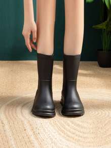 时尚加厚中筒女士雨靴，带鸟图案的防水防滑雨靴，带保暖内衬的成人雨鞋 - 黑色 - 查看 5