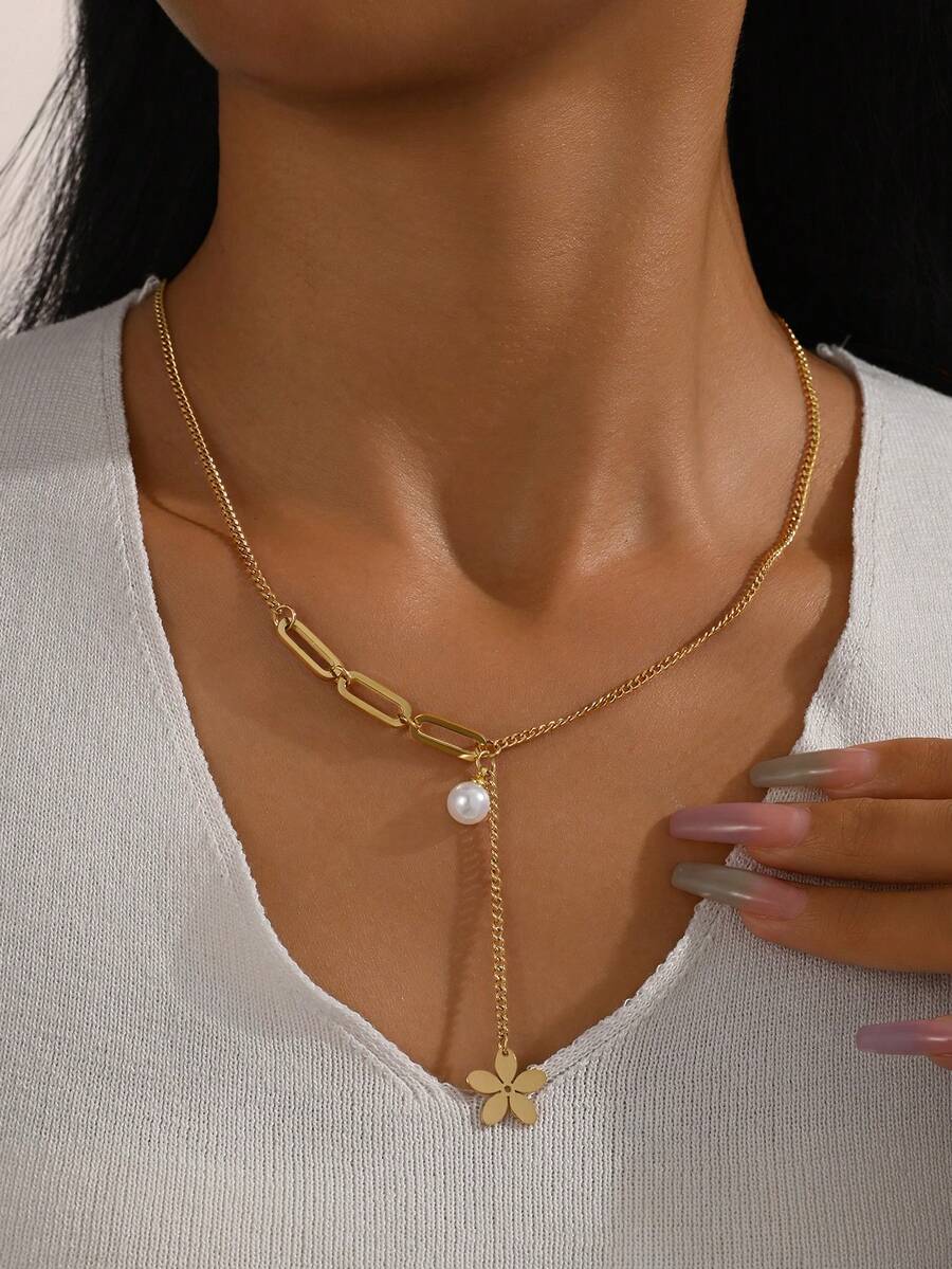 1 chiếc vòng cổ tua rua hình hoa năm cánh bằng thép không gỉ thời trang đính ngọc trai giả, trang sức quyến rũ dành cho nữ. - Vàng - Xem 1