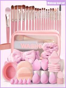 47 件化妆刷套装 - 包括化妆海绵、化妆包、天鹅绒三角粉扑、美容海绵、化妆粉扑、化妆海绵、化妆工具、面部刷、眼刷、眉刷、粉底刷、腮红刷、混合刷、遮瑕刷，适用于面部化妆、化妆、便宜、房间装饰、梳妆台、旅行、卧室、化妆配件、粉扑、化妆搅拌器、粉扑、化妆海绵 - 黑色 - 查看 19