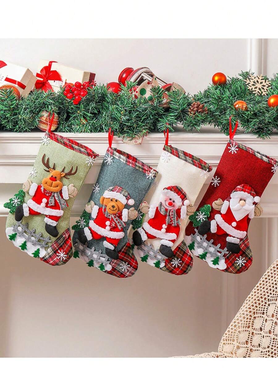 1 件圣诞派对装饰圣诞老人雪人驯鹿复古小袜子圣诞树挂饰圣诞袜礼品袋糖果袋节日庆祝用品，圣诞节 - 彩色 - 查看 1